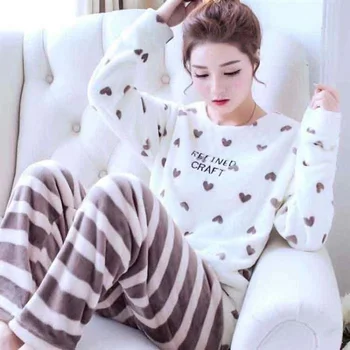 Moterų Pižama Žiemą Šilumos Pajama Moteris Flanelė ilgomis rankovėmis Animacinių filmų Pijama Animacinių filmų Pajama Komplektai Atsitiktinis Loungewear Sleepwear