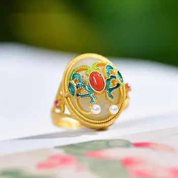 Naujas Dizainas Gamtos Hetian Jade Porceliano Emalio Pearl Ovalo Reguliuojamas Žiedo Prabangus Retro Stiliaus Rūmai Ponios Prekės Papuošalai