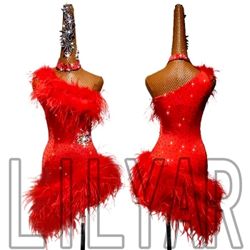 Naujas lotynų šokių sijonas konkurencijos sijonas veiklos Sijonas Suaugusiųjų užsakymą raudona plunksna kreivai peties seksuali šokių sijonas