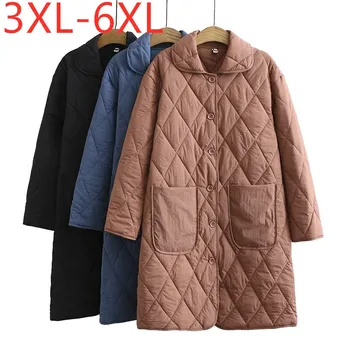 Naujas ponios rudens žiemos plius dydis wadded paltas moterims didelių palaidų ilgos rankovės kišenėje mygtuką plonas kailis 3XL 4XL 5XL 6XL