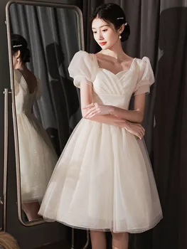 Paprasta Champange Bridesmaid Dresses Klasikinis Sluoksniuotos Rankovėmis Aikštėje Apykaklės Blizgučiai Moterys Šalis Chalatai Moterų Oficialų Prom Dress