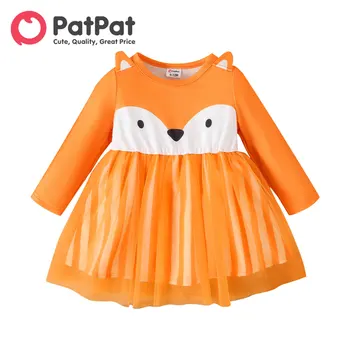 PatPat Baby Girl Fox Grafikos 3D Ausis Išsamiai Orange ilgomis rankovėmis Tinklelio Suknelė