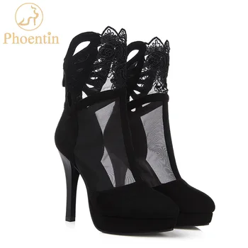 Phoentin juoda nėrinių gėlių pavasario batai 2018 super didelis ploni kulniukai oro akies skaidrus batai moterims sexy lady batus FT325