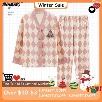 Plus Size Argyle Modelio Moterų Medvilnės Pižama Nustatyti, Rudenį, Žiemą, Kimono Stiliaus Megztinis Lady Sleepwear Mados Mergaičių Rožinė Pijamas