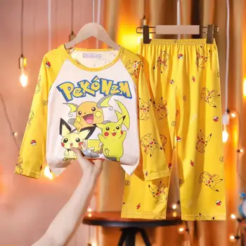 Pokemon Pikachu Vaikų Pižama Nustatyti Pavasarį ir Rudenį ilgomis rankovėmis Plonas Animacinių filmų Mergaičių, Berniukai, Kids Oro kondicionavimo Sleepwear