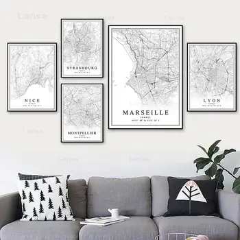 Prancūzija Miesto Žemėlapį Plakatas Paryžius-Lionas Marselio Monpeljė Tapybos Drobės Juoda ir Balta Nuotrauka Namo Vidaus Sienos Meno Dekoro
