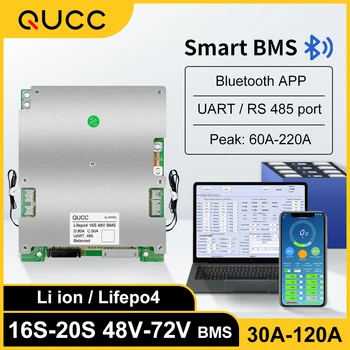 Qucc Smart bms Lifepo4 48v 16s 17s 20s 60v 72v 30A 40A 50A 60A 80A 100A Maitinimo Baterijos Balansas tarybos Blutooth APP UART RS485 BT