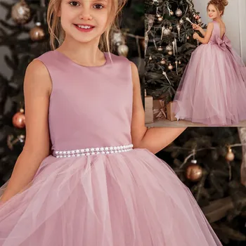 Rankų Rožinė Reljefiniai Princesė Tiulio Pirmoji Komunija Perlai Diržo Gėlių Mergaitės Suknelė Vaikai Vestuves Drabužius Kūdikio Gimtadienio Sijonas