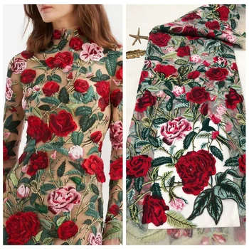 Raudona Rožė Gėlių Siuvinėjimas Tiulio Tinklelio, Nėrinių Audinys 2023 Naujausias Mados Suknelė Chalatai Aksesuaras 1 Kieme(Tai audinys NE suknelė!!)