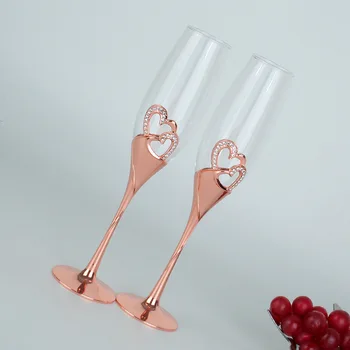Rose aukso šampano stiklo aukštas-kojis nustatyti, stiklo vestuvių dovana stiklo širdies formos deimantų kristalų, stiklo, raudonas vynas stiklo