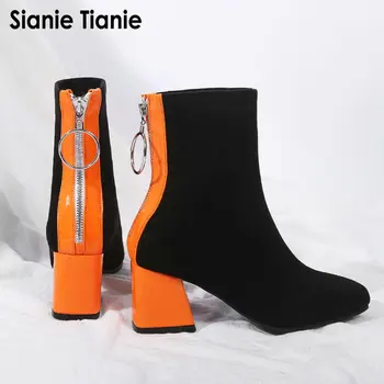 Sianie Tianie kontrastas spalva oranžinė juoda blokuoti aukštakulnius batus moteris stretch audinys moterų batai kojinės bateliai, dydis 45 46