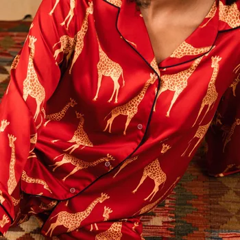 Spausdinti Satino Pižama Kostiumas Atsitiktinis ilgomis Rankovėmis Moterų Namų Drabužių 2VNT Miego Nustatyti Loungewear Homewear Pižamos Intymus apatinis Trikotažas