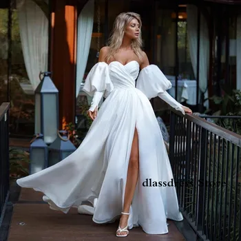 Stilingas Baltos Spalvos A-Line Wedding Dresses Brangioji Iškirpte Vestuvinės Suknelės Ilgomis Rankovėmis Padalinta Traukinio Klostuotas Satino Vestido De Novia