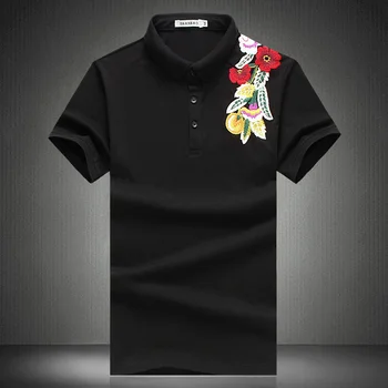 T17047 Išsiuvinėti gėlių modelio mados prabangių trumpas rankovės marškinėliai Vasaros 2019New kokybės medvilnės turn-žemyn apykaklės marškinėliai vyrams