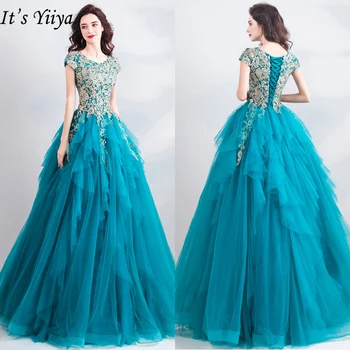 Tai YiiYa Prom Chalatai 2019 Mėlyna Siuvinėjimo Mados O-kaklo trumpomis Rankovėmis Grindų Ilgio Suknelė Užsakymą Plus Size Ilgi Šalis Suknelė E272