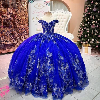 Tamsiai Mėlyna Išskirtinį Kamuolys Suknelė Smaragdas Žalia Quinceanera Suknelę 3D Gėlių Nėrinių Atgal 15 Metų Šalis Gimtadienio Princesė Oficialų Suknelė