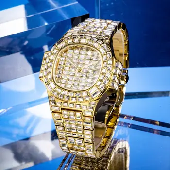 Top Hip-Hop MISSFOX Vyrai Laikrodžiai Batono AAA Diamond Prabanga Lediniame Iš Visiškai Plieno, Kvarcas Šviesos Aukso Bling Vyrų Papuošalai Laikrodžiai