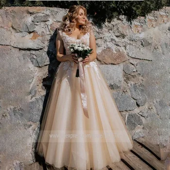 V-kaklo Nėrinių Aplikacijos Bžūp Rankovėmis Ilgas Elegantiškas A-line Wedding Suknelė su Nėrinių-up Perlų, Šampano Nuotakos Vvestido De Novia