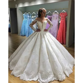 Vestuvių Suknelės, Puošnios Appliques Arabų Vestuvių Chalatai Balti V Kaklo Kamuolys Suknelė Chalatas De Soirée De Mariage Vestidos De Novia 2021