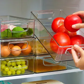 Vienas Plastikinis Maisto Saugojimo Dėžės Virtuvės Šaldytuvas Organizatorius Su Rankena, Sandėliukas, Spintos, Aišku, Daržovių, Gėrimų Stovo