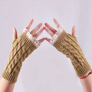 Vilnonių pirštinių Gražus nėrinių pratęstas riešo raštas žiemos ponios šiltas Japonijos ir korėjos megzti pusės pirštų pirštinės