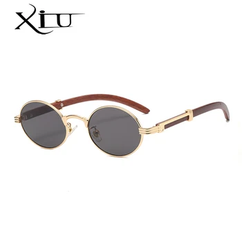 XIU retro stiliaus metalo akiniai nuo saulės moterims turas vyrų aukso steampunk mažas rėmo ovalo formos akinius vyrams, rudos, mėlynos medienos modelis uv400