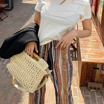 mados bambuko rankena šiaudų krepšiai dizaineris moterų rankinės prabanga, pinti, austi pečių krepšiai vasaros paplūdimio rotango piniginės large tote