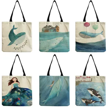 Šviežių Tapybos Mielas Banginis Jūroje Serijos Shopper Bag Moterų Rankinės Didelės Talpos Entire Mados Dizaino Pečių Maišą Nešti Spausdinti