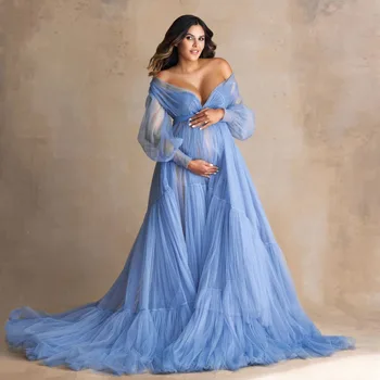 Žavingas Tiulio Pynimas Motinystės Suknelė Photoshoot nuo Peties Mėlynos spalvos Vestuvinius Drabužius pagal Užsakymą Pagaminti Babyshower Suknelė Fotografija