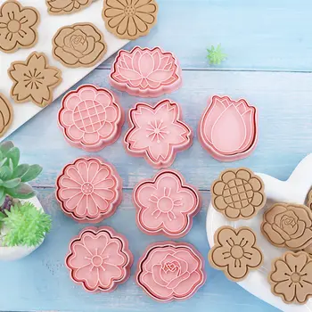 8pcs/set Gėlių Formos Cookie Cutters 3D Plastiko Sausainių Sluoksnį Sausainių Antspaudas 